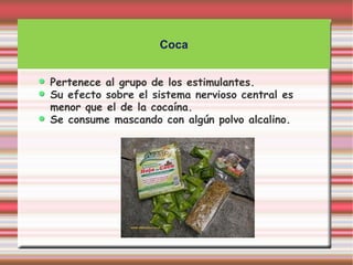 Coca


Pertenece al grupo de los estimulantes.
Su efecto sobre el sistema nervioso central es
menor que el de la cocaína.
Se consume mascando con algún polvo alcalino.
 