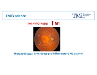 TMi’s science
M1
therapeutic goal is to reduce pro-inflammatory M1 activity
TMi HYPOTHESIS:
 