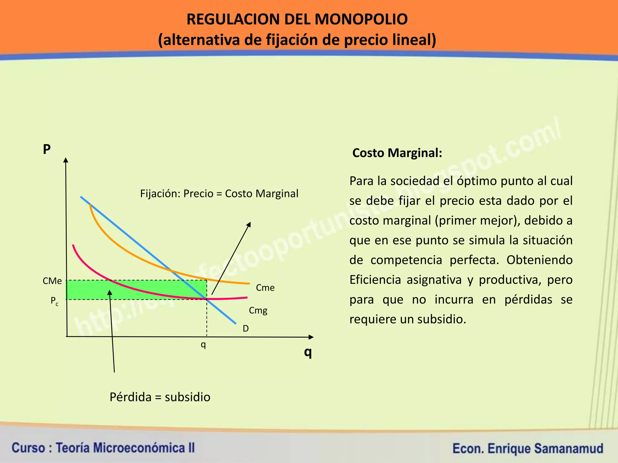 REGULACION DEL MONOPOLIO
              (alternativa de fijación de precio lineal)




P                                                  Costo Marginal:

                                                   Para la sociedad el óptimo punto al cual
           Fijación: Precio = Costo Marginal
                                                   se debe fijar el precio esta dado por el
                                                   costo marginal (primer mejor), debido a
                                                   que en ese punto se simula la situación
                                                   de competencia perfecta. Obteniendo
CMe                                                Eficiencia asignativa y productiva, pero
                                    Cme
 Pc                                                para que no incurra en pérdidas se
                                 Cmg
                                                   requiere un subsidio.
                                D
                       q
                                               q

      Pérdida = subsidio
 