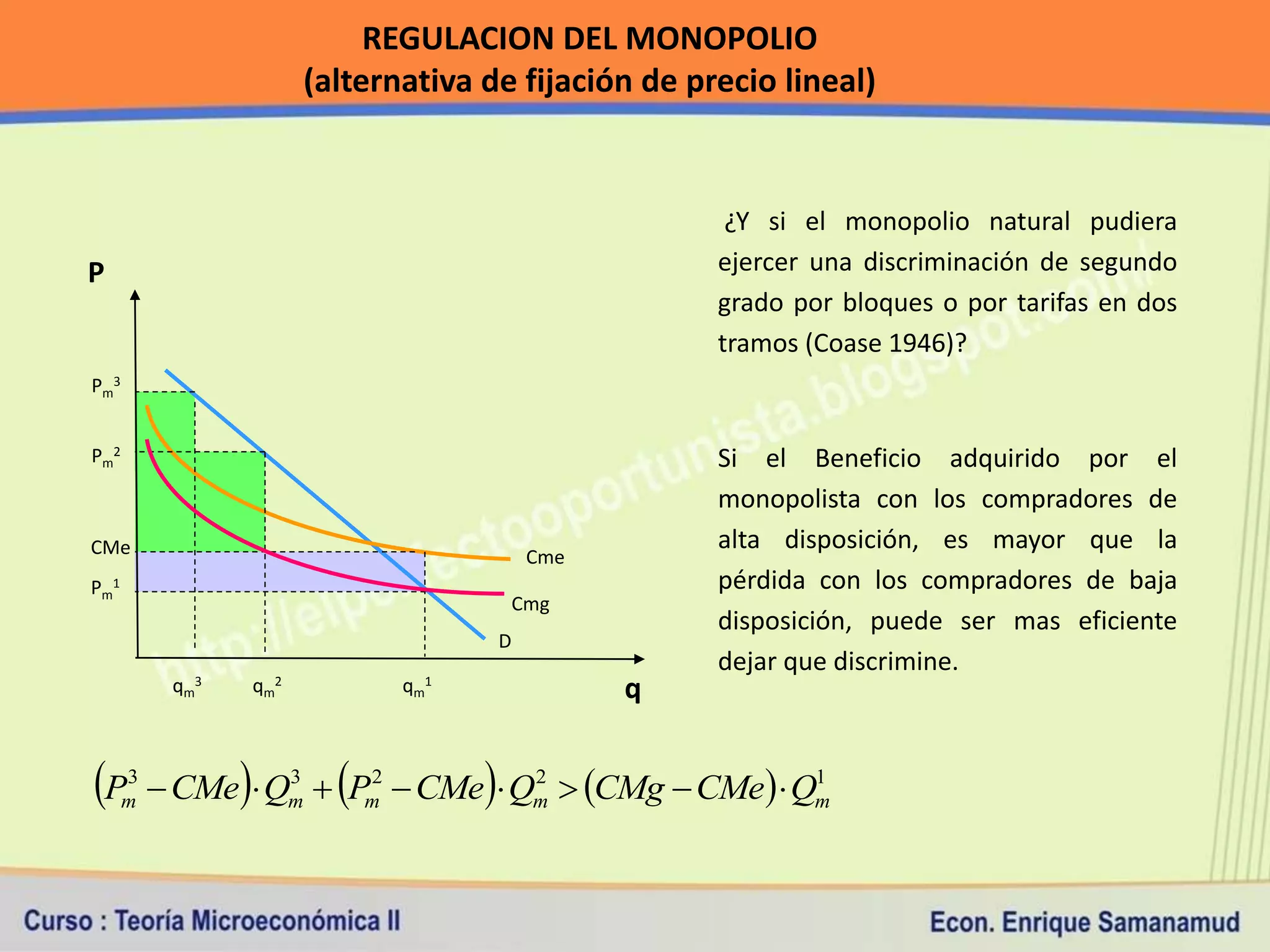REGULACION DEL MONOPOLIO
                       (alternativa de fijación de precio lineal)


                                                      ¿Y si el monopolio natural pudiera
P                                                    ejercer una discriminación de segundo
                                                     grado por bloques o por tarifas en dos
                                                     tramos (Coase 1946)?
Pm3


Pm2                                                  Si el Beneficio adquirido por el
                                                     monopolista con los compradores de
CMe                                                  alta disposición, es mayor que la
                                         Cme
Pm1                                                  pérdida con los compradores de baja
                                      Cmg
                                                     disposición, puede ser mas eficiente
                                     D
                                                     dejar que discrimine.
           qm3   qm2          qm1              q


P    3
      m    CMe Qm  Pm  CMe Qm  CMg  CMe  Qm
                   3     2          2                  1
 