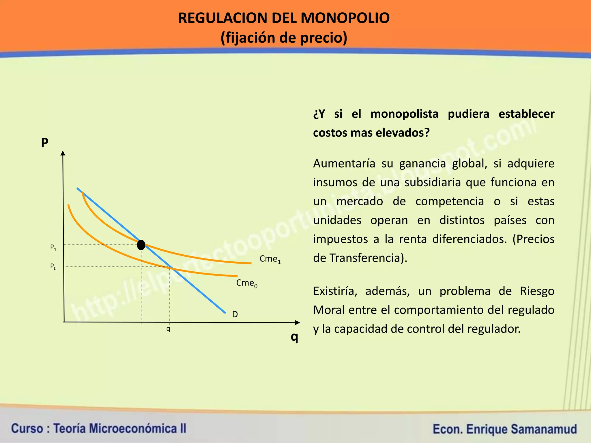 REGULACION DEL MONOPOLIO
                  (fijación de precio)



                                     ¿Y si el monopolista pudiera establecer
                                     costos mas elevados?
P
                                     Aumentaría su ganancia global, si adquiere
                                     insumos de una subsidiaria que funciona en
                                     un mercado de competencia o si estas
                                     unidades operan en distintos países con
    P1
                                     impuestos a la renta diferenciados. (Precios
    P0
                          Cme1       de Transferencia).
                   Cme0
                                     Existiría, además, un problema de Riesgo
                   D                 Moral entre el comportamiento del regulado
         q                           y la capacidad de control del regulador.
                                 q
 