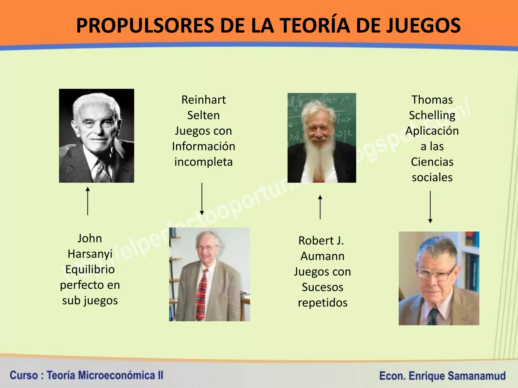 PROPULSORES DE LA TEORÍA DE JUEGOS


                 Reinhart                 Thomas
                  Selten                 Schelling
               Juegos con                Aplicación
              Información                   a las
               incompleta                 Ciencias
                                          sociales



   John                      Robert J.
 Harsanyi                     Aumann
 Equilibrio                 Juegos con
perfecto en                   Sucesos
sub juegos                   repetidos
 