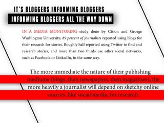 IT’S BLOGGERS INFORMING BLOGGERS
INFORMING BLOGGERS ALL THE WAY DOWN .
   IN A MEDIA MONITORING               study done by Cision and George
   Washington University, 89 percent of journalists reported using blogs for
   their research for stories. Roughly half reported using Twitter to find and
   research stories, and more than two thirds use other social networks,
   such as Facebook or LinkedIn, in the same way.

       The more immediate the nature of their publishing
      mediums (blogs, then newspapers, then magazines), the
      more heavily a journalist will depend on sketchy online
             sources, like social media, for research.
 