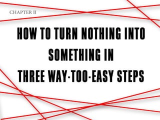 CHAPTER II


  HOW TO TURN NOTHING INTO
        SOMETHING IN
  THREE WAY-TOO-EASY STEPS
 
