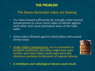 The Steam Generator tubes are bowing.
• The tubes bowed sufficiently far enough under normal
temperatures to cause some tubes to vibrate against
each other and cause premature wear of the tube
walls.
• Some tubes vibrated against metal plates and caused
similar wear.
• Under higher temperatures, as in a transient or
accident conditions, the tubes might bow even
further, and more tubes could experience the
vibrations problem to the point of rupture failures.
• A meltdown and radiological release could result.
THE PROBLEM
 
