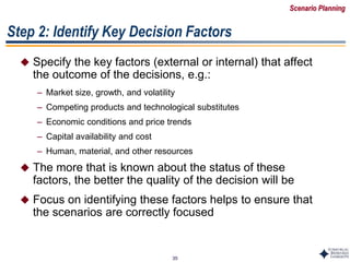 35
Step 2: Identify Key Decision Factors
 Specify the key factors (external or internal) that affect
the outcome of the decisions, e.g.:
– Market size, growth, and volatility
– Competing products and technological substitutes
– Economic conditions and price trends
– Capital availability and cost
– Human, material, and other resources
 The more that is known about the status of these
factors, the better the quality of the decision will be
 Focus on identifying these factors helps to ensure that
the scenarios are correctly focused
Scenario Planning
 