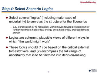 38
Step 4: Select Scenario Logics
 Select several “logics” (including major axes of
uncertainty) to serve as the structure for the Scenarios
– e.g., deregulation or re-regulation; world moves toward protectionism or
further free trade; high or low energy price; high or low product demand
growth
 Logics are coherent, plausible views of different ways in
which “the world might work”
 These logics should (1) be based on the critical external
forces/drivers, and (2) encompass the full range of
uncertainty that is to be factored into decision-making
Scenario Planning
 