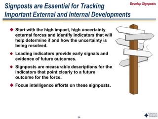 54
Signposts are Essential for Tracking
Important External and Internal Developments
 Start with the high impact, high uncertainty
external forces and identify indicators that will
help determine if and how the uncertainty is
being resolved.
 Leading indicators provide early signals and
evidence of future outcomes.
 Signposts are measurable descriptions for the
indicators that point clearly to a future
outcome for the force.
 Focus intelligence efforts on these signposts.
Develop Signposts
 