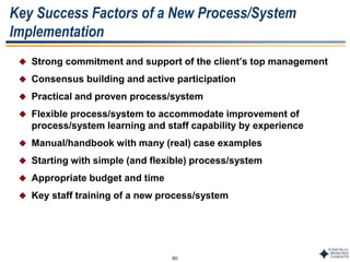 60
Key Success Factors of a New Process/System
Implementation
 Strong commitment and support of the client’s top management
 Consensus building and active participation
 Practical and proven process/system
 Flexible process/system to accommodate improvement of
process/system learning and staff capability by experience
 Manual/handbook with many (real) case examples
 Starting with simple (and flexible) process/system
 Appropriate budget and time
 Key staff training of a new process/system
 