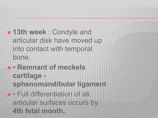  13th week : Condyle and
articular disk have moved up
into contact with temporal
bone.
 • Remnant of meckels
cartilage -
sphenomandibular ligament
 • Full differentiation of all
articular surfaces occurs by
4th fetal month.
 