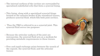 • The internal surfaces of the cavities are surrounded by
specialized endothelial cells that form a synovial lining.
• This lining, along with a specialized synovial fringe
located at the anterior border of the retrodiscal tissues,
produces synovial fluid, which fills both joint cavities.
• Thus the TMJ is referred to as a synovial joint. This
synovial fluid serves two purposes
• Because the articular surfaces of the joint are
nonvascular, the synovial fluid acts as a medium for
providing metabolic requirements to these tissues.
• Free and rapid exchange exists between the vessels of
the capsule, the synovial fluid, and the articular
tissues
 