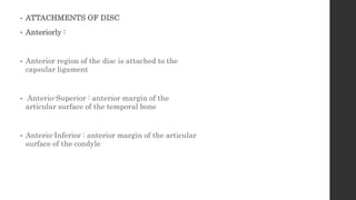• ATTACHMENTS OF DISC
• Anteriorly :
• Anterior region of the disc is attached to the
capsular ligament
• Anterio-Superior : anterior margin of the
articular surface of the temporal bone
• Anterio-Inferior : anterior margin of the articular
surface of the condyle
 