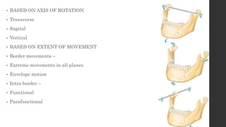 • BASED ON AXIS OF ROTATION
• Transverse
• Sagital
• Vertical
• BASED ON EXTENT OF MOVEMENT
• Border movements –
• Extreme movements in all planes
• Envelope motion
• Intra border –
• Functional
• Parafunctional
 