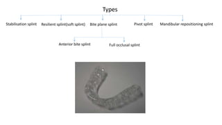 Types
Stabilisation splint Resilient splint(soft splint) Bite plane splint
Anterior bite splint Full occlusal splint
Pivot splint Mandibular repositioning splint
 