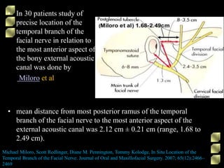 • In 30 patients study of
precise location of the
temporal branch of the
facial nerve in relation to
the most anterior aspect of
the bony external acoustic
canal was done by
Miloro et al
Michael Miloro, Scott Redlinger, Diane M. Pennington, Tommy Kolodge, In Situ Location of the
Temporal Branch of the Facial Nerve. Journal of Oral and Maxillofacial Surgery. 2007; 65(12):2466–
2469
• mean distance from most posterior ramus of the temporal
branch of the facial nerve to the most anterior aspect of the
external acoustic canal was 2.12 cm ± 0.21 cm (range, 1.68 to
2.49 cm).
 