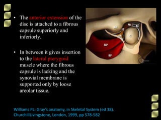 • The anterior extension of the
disc is attached to a fibrous
capsule superiorly and
inferiorly.
• In between it gives insertion
to the lateral pterygoid
muscle where the fibrous
capsule is lacking and the
synovial membrane is
supported only by loose
areolar tissue.
Williams PL: Gray’s anatomy, in Skeletal System (ed 38).
ChurchillLivingstone, London, 1999, pp 578-582
 