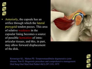 • Anteriorly, the capsule has an
orifice through which the lateral
pterygoid tendon passes. This area
of relative weakness in the
capsular lining becomes a source
of possible herniation of intra-
articular tissues, and this, in part,
may allow forward displacement
of the disk.
Kreutziger KL, Mahan PE: Temporomandibular degenerative joint
disease. Part II. Diagnostic procedure and comprehensive management.
Oral Surg Oral Med Oral Pathol 40(3):297-319, 1975
 