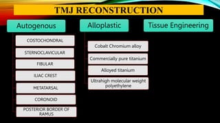 Autogenous
COSTOCHONDRAL
STERNOCLAVICULAR
FIBULAR
ILIAC CREST
METATARSAL
CORONOID
POSTERIOR BORDER OF
RAMUS
Tissue Engineering
Alloplastic
Cobalt Chromium alloy
Commercially pure titanium
Alloyed titanium
Ultrahigh molecular weight
polyethylene
TMJ RECONSTRUCTION
 