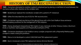 HISTORY OF TMJ RECONSTRUCTION
1840 – Carnochan attempted to mobilize a patient’s ankylosed jaw by placing a small block of wood between the
raw bony surfaces after resection at the condylar neck.
1909 – Bardenheuer replaced the mandibular condyle with a patient’s 4th metatarsal.
1920 – Gillies first described the use of CCG for TMJ reconstruction.
1960 – Christensen reported resurfacing of the glenoid fossa with a thin Cast Vitallium fossa-eminence
hemiarthroplasty prosthesis for the management of TMJ ankylosis.
1970 – Homsy developed interpositional TMJ implant. It was a laminate of either Vitreous Carbon, Aluminum
Oxide, or Synthetic Hydroxyapatite and Polytetrafluoroethylene (PTFE).
1990 – Christensen developed a Cast Vitallium ramus-condyle component with a Polymethyl Methacrylate
condyle to create a total joint prosthesis.
1995 – Mercuri et al developed a custom CAD/CAM total TMJ replacement system.
2000 – Quinn introduced a stock TMJ replacement device (Zimmer Biomet).
Mercuri LG. Temporomandibular joint replacement devices - dark past to challenging future.
 