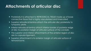 Attachments of articular disc
 Posteriorly it is attached to RETRODISCAL TISSUE made up of loose
connective tissue that is highly vascularized and innervated
 Superior retrodiscal lamina attach the articular disc posteriorly to
tympanic plate.
 Inferior retrodiscal lamina attach inferior border of posterior edge
of disc to posterior margin of articular surface of the condyle .
 The superior and inferior attachments of the anterior region of disc
are to capsular ligament.
 Superior attachment is to anterior margin of articular surface of
temoral bone.
 