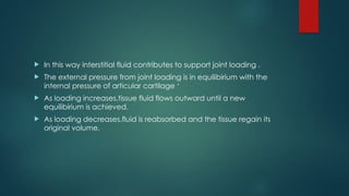  In this way interstitial fluid contributes to support joint loading .
 The external pressure from joint loading is in equilibirium with the
internal pressure of articular cartilage ‘
 As loading increases,tissue fluid flows outward until a new
equilibirium is achieved.
 As loading decreases,fluid is reabsorbed and the tissue regain its
original volume.
 