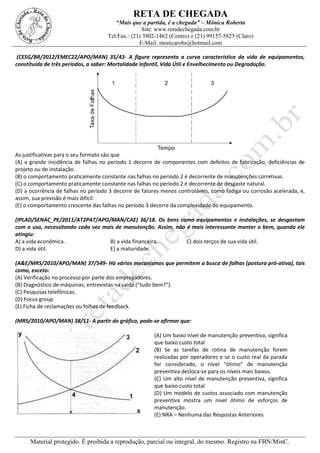 RETA DE CHEGADA
“Mais que a partida, é a chegada” – Mônica Roberta
Site: www.retadechegada.com.br
Tel/Fax.: (21) 3902-1462 (Centro) e (21) 99157-5825 (Claro)
E-Mail: monicarobs@hotmail.com
Material protegido. É proibida a reprodução, parcial ou integral, do mesmo. Registro na FBN/MinC.
(CESG/BR/2012/EMEC22/APO/MAN) 35/43- A figura representa a curva característica da vida de equipamentos,
constituída de três períodos, a saber: Mortalidade Infantil, Vida Útil e Envelhecimento ou Degradação.
As justificativas para o seu formato são que
(A) a grande incidência de falhas no período 1 decorre de componentes com defeitos de fabricação, deficiências de
projeto ou de instalação.
(B) o comportamento praticamente constante nas falhas no período 2 é decorrente de manutenções corretivas.
(C) o comportamento praticamente constante nas falhas no período 2 é decorrente de desgaste natural.
(D) a ocorrência de falhas no período 3 decorre de fatores menos controláveis, como fadiga ou corrosão acelerada, e,
assim, sua previsão é mais difícil.
(E) o comportamento crescente das falhas no período 3 decorre da complexidade do equipamento.
(IPLAD/SENAC_PE/2011/AT2PAT/APO/MAN/CAE) 36/18. Os bens como equipamentos e instalações, se desgastam
com o uso, necessitando cada vez mais de manutenção. Assim, não é mais interessante manter o bem, quando ele
atingiu:
A) a vida econômica. B) a vida financeira. C) dois terços de sua vida útil.
D) a vida útil. E) a maturidade.
(A&E/MRS/2010/APO/MAN) 37/549- Há vários mecanismos que permitem a busca de falhas (postura pró-ativa), tais
como, exceto:
(A) Verificação no processo por parte dos empregadores.
(B) Diagnóstico de máquinas; entrevistas na saída (“tudo bem?”).
(C) Pesquisas telefônicas.
(D) Focus group
(E) Ficha de reclamações ou folhas de feedback.
(MRS/2010/APO/MAN) 38/11- A partir do gráfico, pode-se afirmar que:
(A) Um baixo nível de manutenção preventiva, significa
que baixo custo total
(B) Se as tarefas de rotina de manutenção forem
realizadas por operadores e se o custo real da parada
for considerado, o nível “ótimo” de manutenção
preventiva desloca-se para os níveis mais baixos.
(C) Um alto nível de manutenção preventiva, significa
que baixo custo total
(D) Um modelo de custos associado com manutenção
preventiva mostra um nível ótimo de esforços de
manutenção.
(E) NRA – Nenhuma das Respostas Anteriores
 