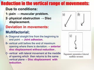 Reduction in the vertical range of movements:
Due to conditions:
1- pain → muscular problem.
2- physical obstruction → Disc
displacement.
Deviation in movements:
Multifactorial;
A- Diagonal straight line from the beginning to
end point → Joint adhesion.
B- vertical until before the end of maximum
opening where there is deviation.→ anterior
disc displacement without reduction .
C- vertical with lateral movement at the meddle
of opening which then returns to the same
vertical plane→ Disc displacement with
reduction.
 