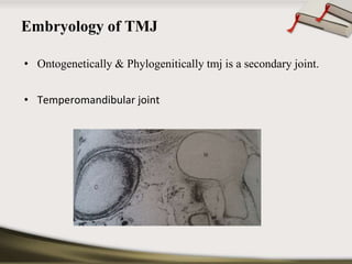Embryology of TMJ 
• Ontogenetically & Phylogenitically tmj is a secondary joint. 
• Temperomandibular joint 
 