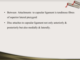 • Between Attachments to capsular ligament is tendinous fibres 
of superior lateral pterygoid 
• Disc attaches to capsular ligament not only anteriorly & 
posteriorly but also medially & laterally. 
 