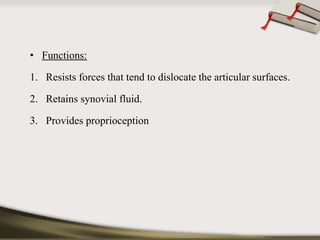 • Functions: 
1. Resists forces that tend to dislocate the articular surfaces. 
2. Retains synovial fluid. 
3. Provides proprioception 
 