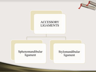 ACCESSORY 
LIGAMENTS 
Sphenomandibular 
ligament 
Stylomandibular 
ligament 
 