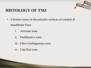 HISTOLOGY OF TMJ 
• 4 distinct zones in the articular surfaces of condyle & 
mandibular fossa 
i. Articular zone 
ii. Proliferative zone 
iii. Fibro Cartilagenous zone 
iv. Calcified zone 
 
