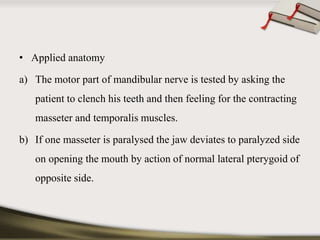 • Applied anatomy 
a) The motor part of mandibular nerve is tested by asking the 
patient to clench his teeth and then feeling for the contracting 
masseter and temporalis muscles. 
b) If one masseter is paralysed the jaw deviates to paralyzed side 
on opening the mouth by action of normal lateral pterygoid of 
opposite side. 
 