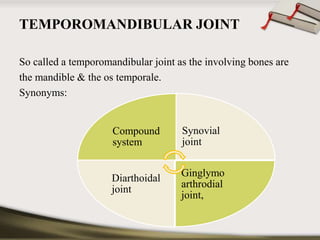 TEMPOROMANDIBULAR JOINT 
So called a temporomandibular joint as the involving bones are 
the mandible & the os temporale. 
Synonyms: 
Compound 
system 
Synovial 
joint 
Ginglymo 
arthrodial 
joint, 
Diarthoidal 
joint 
 