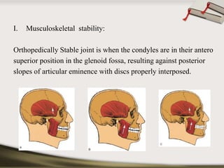 I. Musculoskeletal stability: 
Orthopedically Stable joint is when the condyles are in their antero 
superior position in the glenoid fossa, resulting against posterior 
slopes of articular eminence with discs properly interposed. 
 