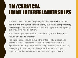 TM/CERVICAL
JOINT INTERRELATIONSHIPS
• A forward head posture frequently involves extension of the
occiput and the upper cervical spine, leading to compensatory
flattening of the lower cervical spine and upper thoracic spine to
achieve a level head position.
• With the occiput extended on the atlas (C1), the suboccipital
tissues adapt and shorten.
• The suboccipital tissues include the anterior atlantoaxial and
atlanto-occipital ligaments (cephalad continuations of the
ligamentum flavum), the posterior belly of the digastric muscles,
the stylohyoid muscles, and the upper fibers of the upper
trapezius, semispinalis capitis, and splenius capitis muscles.
 