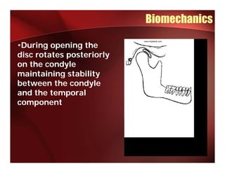 Biomechanics

•During opening the
disc rotates posteriorly
on the condyle
maintaining stability
between the condyle
and the temporal
component
 