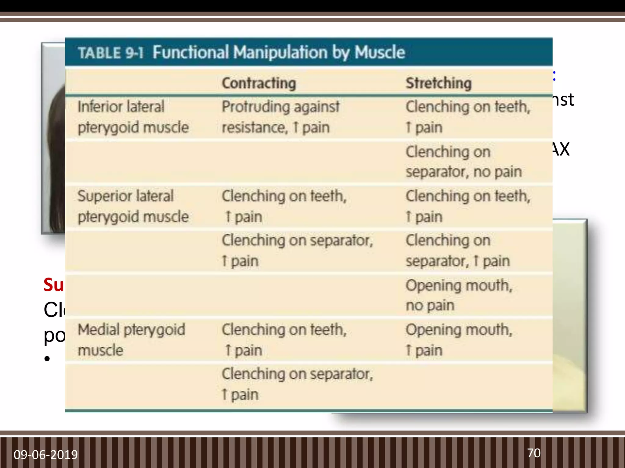 09-06-2019 70
Inferior Lateral Pterygoid:
Protruding mandible against
resistance
• STRECHES ONLY ON MAX
INTERCUSPATION
Superior Lateral Pterygoid:
Clenching against
powerful stroke
• STRECHES ONLY ON MAX
INTERCUSPATION
 
