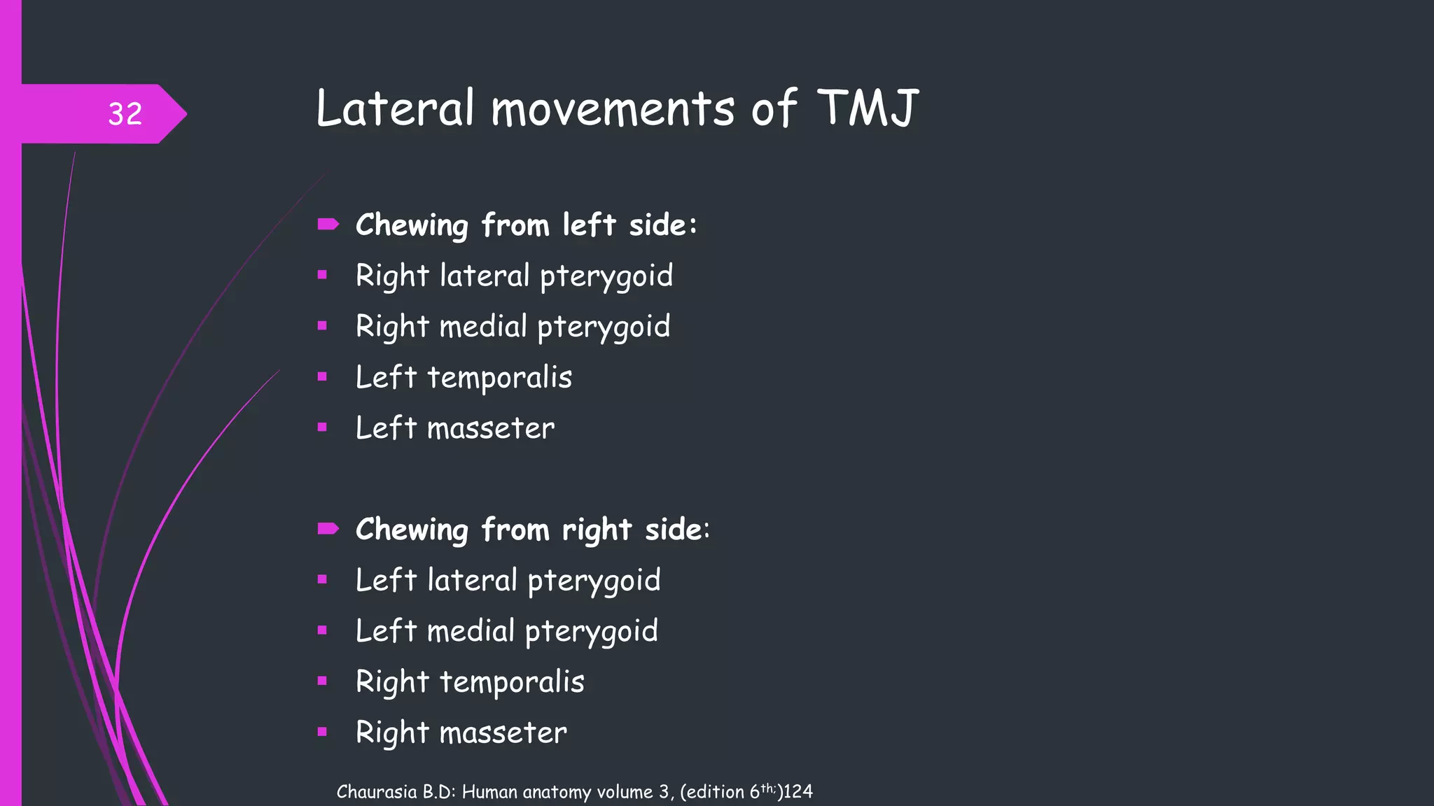 Lateral movements of TMJ
 Chewing from left side:
 Right lateral pterygoid
 Right medial pterygoid
 Left temporalis
 Left masseter
 Chewing from right side:
 Left lateral pterygoid
 Left medial pterygoid
 Right temporalis
 Right masseter
32
Chaurasia B.D: Human anatomy volume 3, (edition 6th;)124
 