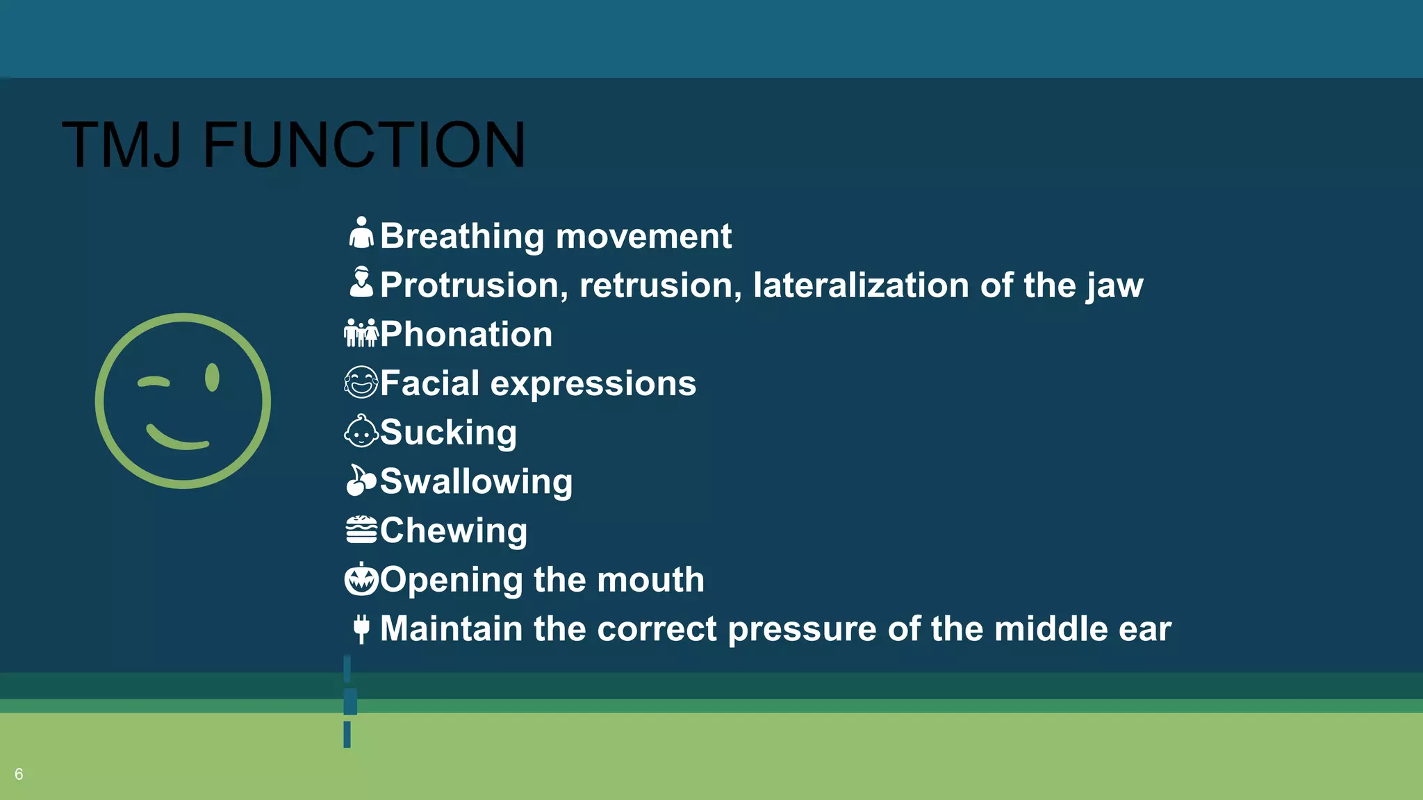 👤Breathing movement
👦Protrusion, retrusion, lateralization of the jaw
👪Phonation
😂Facial expressions
👶Sucking
🍒Swallowing
🍔Chewing
🎃Opening the mouth
🔌Maintain the correct pressure of the middle ear
😉
6
TMJ FUNCTION
 