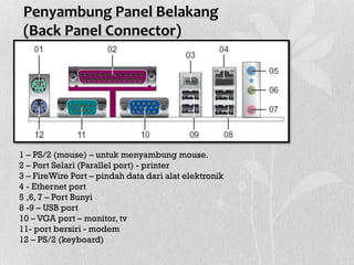 Penyambung Panel Belakang
(Back Panel Connector)
1 – PS/2 (mouse) – untuk menyambung mouse.
2 – Port Selari (Parallel port) - printer
3 – FireWire Port – pindah data dari alat elektronik
4 - Ethernet port
5 ,6, 7 – Port Bunyi
8 -9 – USB port
10 – VGA port – monitor, tv
11- port bersiri - modem
12 – PS/2 (keyboard)
 