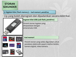 • Cip yang boleh diprogram dan dipadamkan secara elektrikal.
STORAN
SEKUNDER
Ingatan kilat USB (usb flash, pendrive)
3. Ingatan kilat (flash memory) – kad memori, pendrive
Peranti storan ingatan yang
disepadukan dengan
antaramuka USB.
Kad memori
Peranti storan yang selalu digunakan untuk
peralatan elektronik seperti telefon bimbit,
kamera digital, video kamera.
 