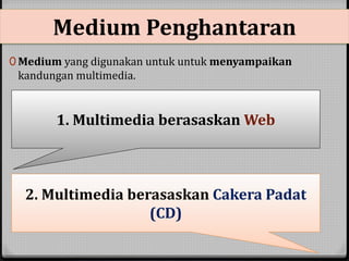 Medium Penghantaran 
0 Medium yang digunakan untuk untuk menyampaikan 
kandungan multimedia. 
1. Multimedia berasaskanWeb 
2. Multimedia berasaskan Cakera Padat 
(CD) 
 