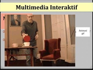 0 Pengguna berinteraksi dengan aplikasi multimedia secara pasif
– tanpa mengawal perjalanan aplikasi tersebut.
0 Contoh: Movie, Live video
Multimedia Interaktif
Multimedia
Linear
Animasi
gif
 