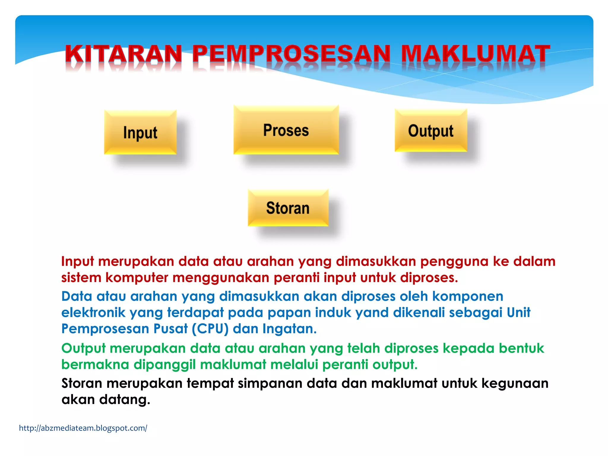 http://abzmediateam.blogspot.com/
Input merupakan data atau arahan yang dimasukkan pengguna ke dalam
sistem komputer menggunakan peranti input untuk diproses.
Data atau arahan yang dimasukkan akan diproses oleh komponen
elektronik yang terdapat pada papan induk yand dikenali sebagai Unit
Pemprosesan Pusat (CPU) dan Ingatan.
Output merupakan data atau arahan yang telah diproses kepada bentuk
bermakna dipanggil maklumat melalui peranti output.
Storan merupakan tempat simpanan data dan maklumat untuk kegunaan
akan datang.
 