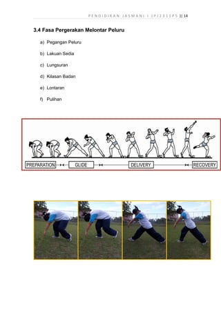 P E N D I D I K A N J A S M A N I I ( P J 2 3 1 1 P 5 )| 14
3.4 Fasa Pergerakan Melontar Peluru
a) Pegangan Peluru
b) Lakuan Sedia
c) Lungsuran
d) Kilasan Badan
e) Lontaran
f) Pulihan
 