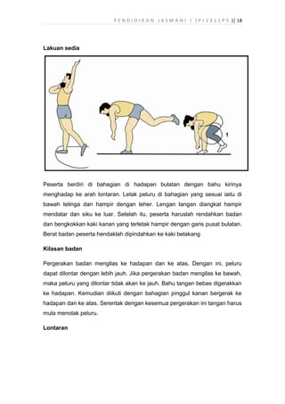 P E N D I D I K A N J A S M A N I I ( P J 2 3 1 1 P 5 )| 18
Lakuan sedia
Peserta berdiri di bahagian di hadapan bulatan dengan bahu kirinya
menghadap ke arah lontaran. Letak peluru di bahagian yang sesuai iaitu di
bawah telinga dan hampir dengan leher. Lengan tangan diangkat hampir
mendatar dan siku ke luar. Setelah itu, peserta haruslah rendahkan badan
dan bengkokkan kaki kanan yang terletak hampir dengan garis pusat bulatan.
Berat badan peserta hendaklah dipindahkan ke kaki belakang
Kilasan badan
Pergerakan badan mengilas ke hadapan dan ke atas. Dengan ini, peluru
dapat dilontar dengan lebih jauh. Jika pergerakan badan mengilas ke bawah,
maka peluru yang dilontar tidak akan ke jauh. Bahu tangan bebas digerakkan
ke hadapan. Kemudian diikuti dengan bahagian pinggul kanan bergerak ke
hadapan dan ke atas. Serentak dengan kesemua pergerakan ini tangan harus
mula menolak peluru.
Lontaran
 