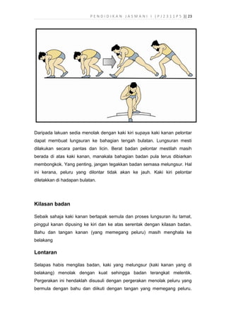 P E N D I D I K A N J A S M A N I I ( P J 2 3 1 1 P 5 )| 23
Daripada lakuan sedia menolak dengan kaki kiri supaya kaki kanan pelontar
dapat membuat lungsuran ke bahagian tengah bulatan. Lungsuran mesti
dilakukan secara pantas dan licin. Berat badan pelontar mestilah masih
berada di atas kaki kanan, manakala bahagian badan pula terus dibiarkan
membongkok. Yang penting, jangan tegakkan badan semasa melungsur. Hal
ini kerana, peluru yang dilontar tidak akan ke jauh. Kaki kiri pelontar
diletakkan di hadapan bulatan.
Kilasan badan
Sebaik sahaja kaki kanan bertapak semula dan proses lungsuran itu tamat,
pinggul kanan dipusing ke kiri dan ke atas serentak dengan kilasan badan.
Bahu dan tangan kanan (yang memegang peluru) masih menghala ke
belakang
Lontaran
Selapas habis mengilas badan, kaki yang melungsur (kaki kanan yang di
belakang) menolak dengan kuat sehingga badan terangkat melentik.
Pergerakan ini hendaklah disusuli dengan pergerakan menolak peluru yang
bermula dengan bahu dan diikuti dengan tangan yang memegang peluru.
 