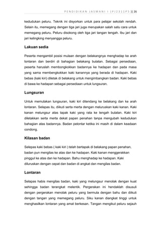 P E N D I D I K A N J A S M A N I I ( P J 2 3 1 1 P 5 )| 26
kedudukan peluru. Teknik ini disyorkan untuk para pelajar sekolah rendah.
Selain itu, memegang dengan tiga jari juga merupakan salah satu cara untuk
memegang peluru. Peluru disokong oleh tiga jari tangan tengah. Ibu jari dan
jari kelingking menyangga peluru.
Lakuan sedia
Peserta mengambil posisi mulaan dengan belakangnya menghadap ke arah
lontaran dan berdiri di bahagian belakang bulatan. Sebagai persediaan,
peserta haruslah membongkokkan badannya ke hadapan dan pada masa
yang sama membengkokkan kaki kanannya yang berada di hadapan. Kaki
bebas (kaki kiri) diletak di belakang untuk mengimbangkan badan. Kaki bebas
di bawa ke hadapan sebagai persediaan untuk lungsuran.
Lungsuran
Untuk memulakan lungsuran, kaki kiri ditendang ke belakang dan ke arah
lontaran. Selapas itu, diikuti serta merta dengan meluruskan kaki kanan. Kaki
kanan melungsur atas tapak kaki yang rata ke tengah bulatan. Kaki kiri
diletakkan serta merta dekat papan penahan tanpa mengubah kedudukan
bahagian atas badannya. Badan pelontar ketika ini masih di dalam keadaan
condong.
Kilasan badan
Selepas kaki bebas ( kaki kiri ) telah bertapak di belakang papan penahan,
badan pun mengilas ke atas dan ke hadapan. Kaki kanan menggerakkan
pinggul ke atas dan ke hadapan. Bahu menghadap ke hadapan. Kaki
diluruskan dengan cepat dan badan di angkat dan mengilas badan.
Lontaran
Selapas habis mengilas badan, kaki yang melungsur menolak dengan kuat
sehingga badan terangkat melentik. Pergerakan ini hendaklah disusuli
dengan pergerakan menolak peluru yang bermula dengan bahu dan diikuti
dengan tangan yang memegang peluru. Siku kanan diangkat tinggi untuk
menghasilkan lontaran yang amat berkesan. Tangan mengikut peluru sejauh
 