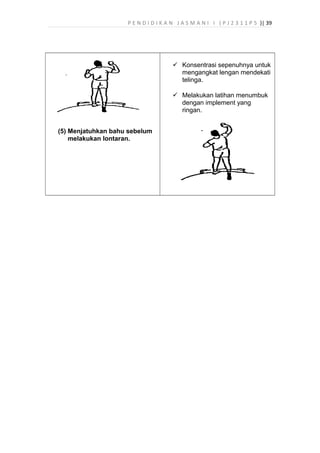 P E N D I D I K A N J A S M A N I I ( P J 2 3 1 1 P 5 )| 39
(5) Menjatuhkan bahu sebelum
melakukan lontaran.
 Konsentrasi sepenuhnya untuk
mengangkat lengan mendekati
telinga.
 Melakukan latihan menumbuk
dengan implement yang
ringan.
 
